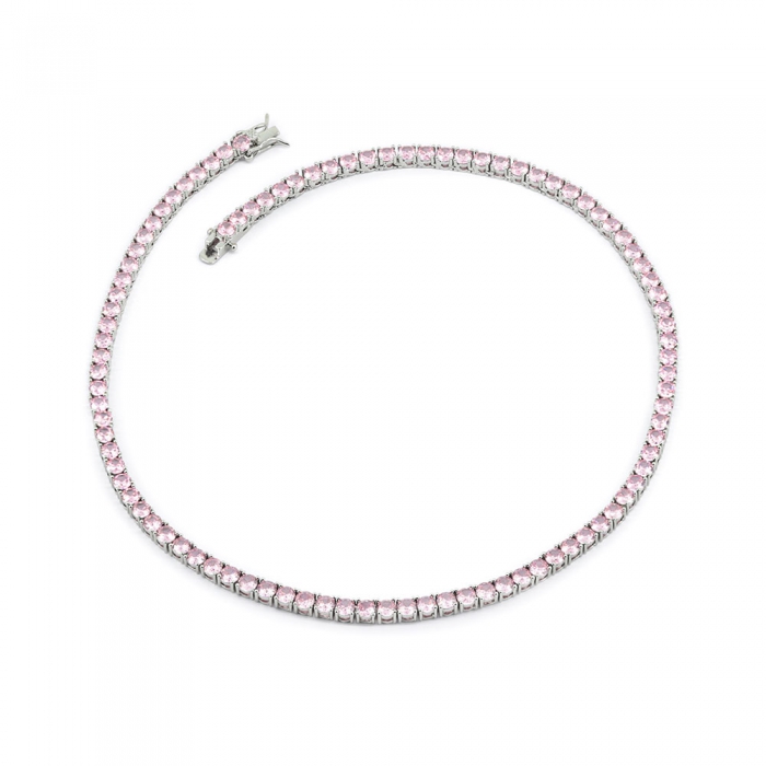 Pink Zirconia Tennis Necklace - Silver 4mm 16”