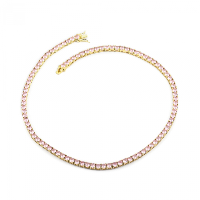Pink Zirconia Tennis Necklace - Gold 4mm 16”