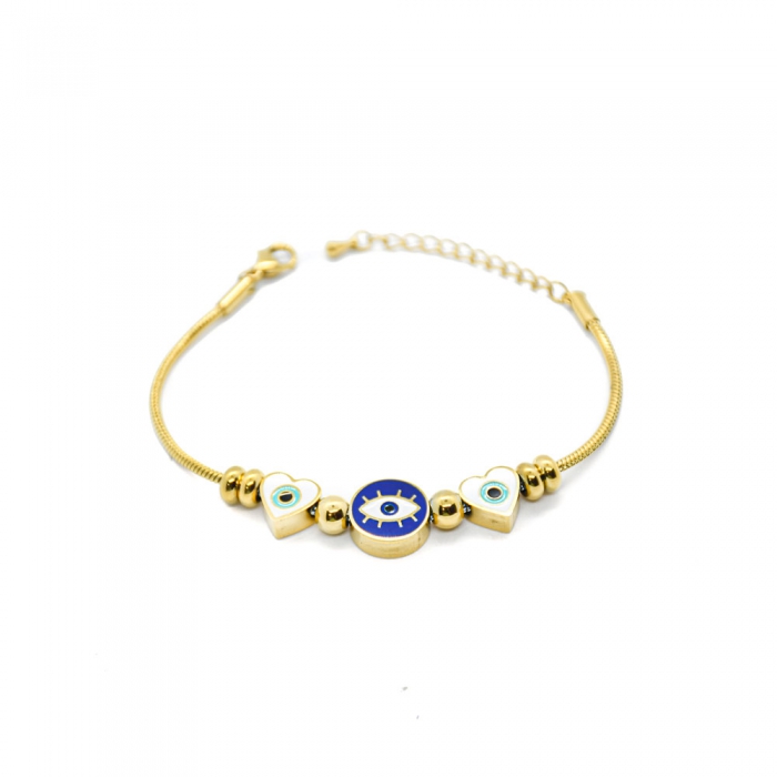 Gold Bracelet with Hearts and Turkish Eyes