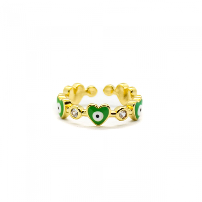 Gold Ring Green Hearts with eyes